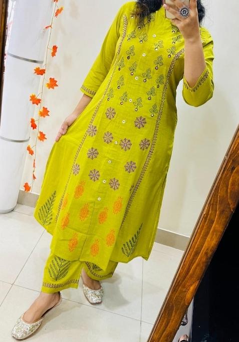 Green Embroidered Cotton Kurta Set