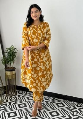 Yellow Printed Cotton Kurta Set