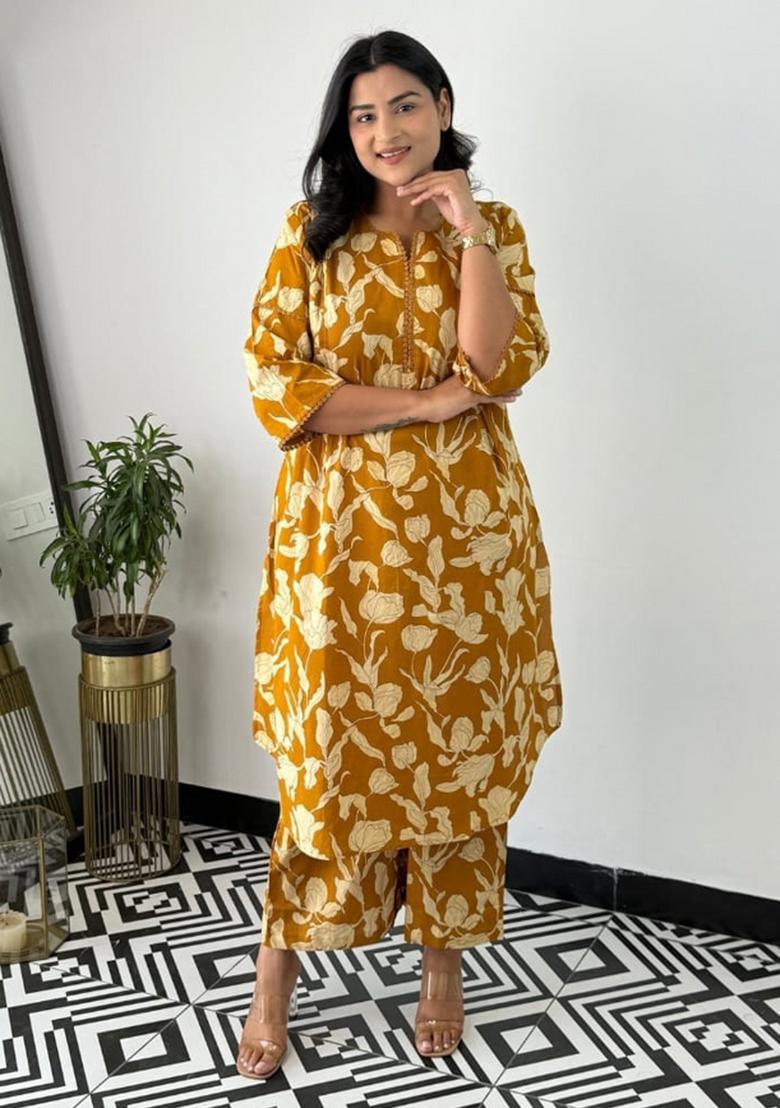 Yellow Printed Cotton Kurta Set - Indya