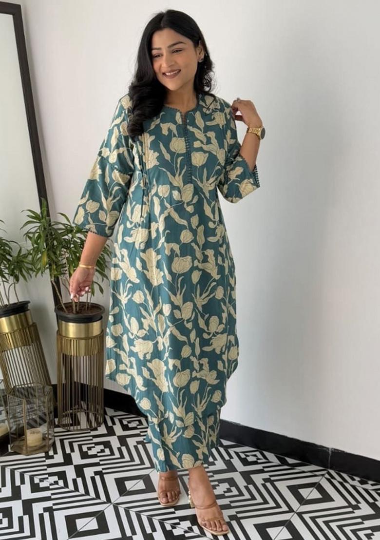 Blue Printed Cotton Kurta Set - Indya