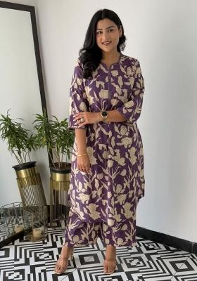 Purple Printed Cotton Kurta Set