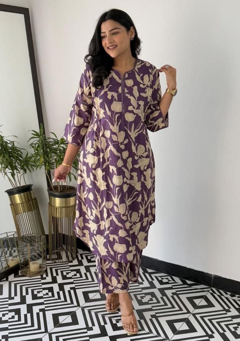 Purple Printed Cotton Kurta Set - Indya
