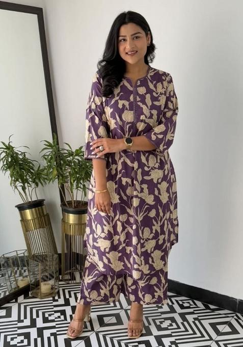 Purple Printed Cotton Kurta Set