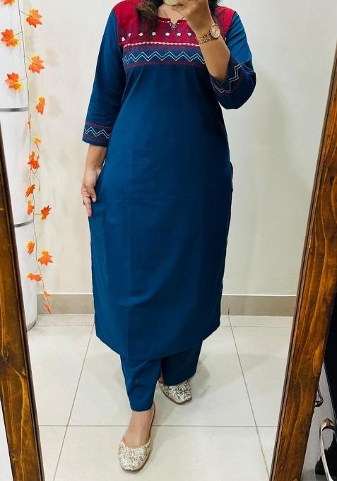 Blue Printed Cotton Kurta Set