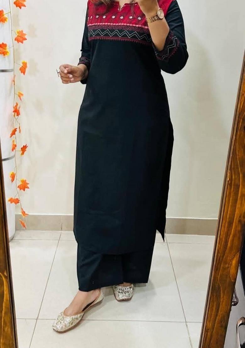 Black Printed Cotton Kurta Set - Indya