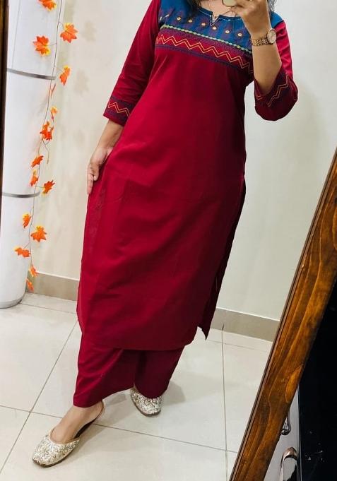 Red Printed Cotton Kurta Set