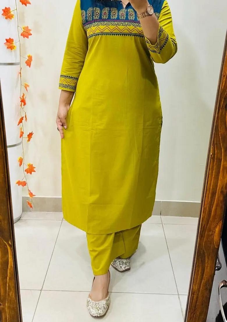 Green Printed Cotton Kurta Set - Indya