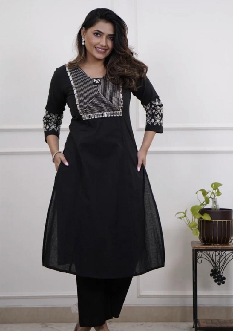 Black Embroidered Cotton Kurta Set - Indya