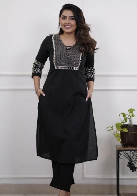 Black Embroidered Cotton Kurta Set