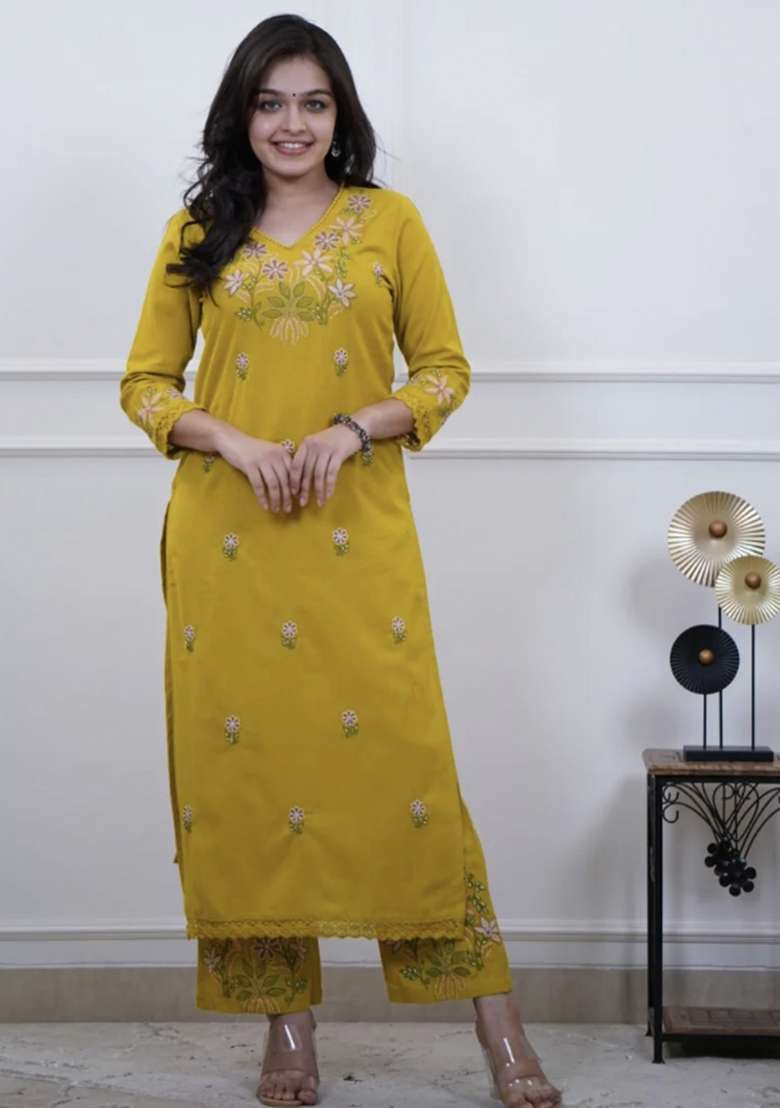 Yellow Embroidered Cotton Kurta Set - Indya