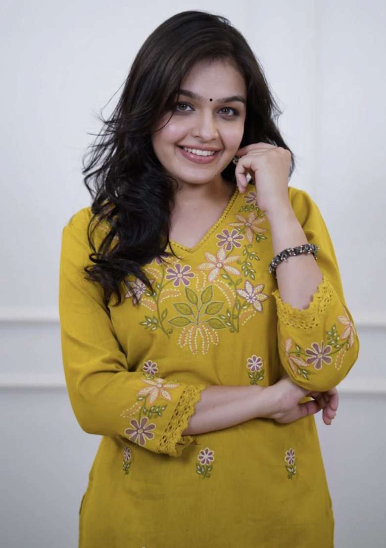 Yellow Embroidered Cotton Kurta Set - Indya