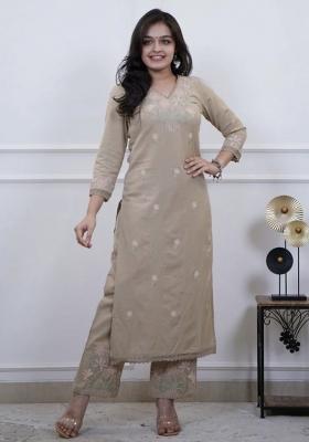 Beige Embroidered Cotton Kurta Set