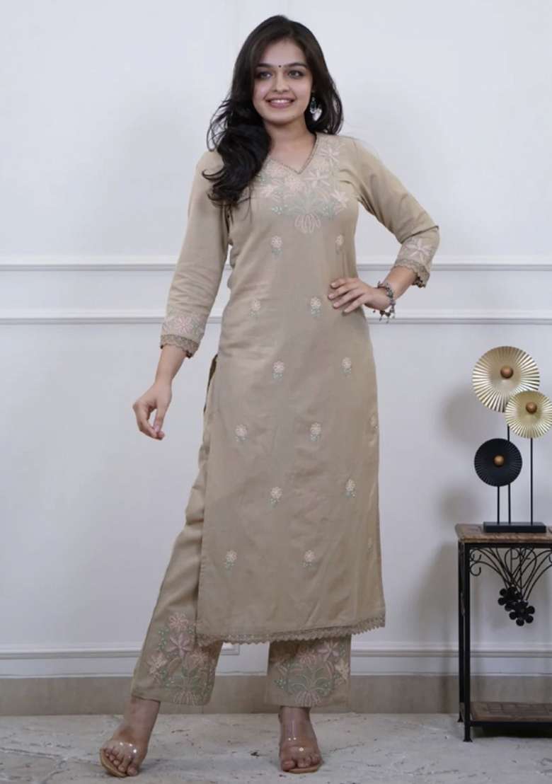 Beige Embroidered Cotton Kurta Set - Indya