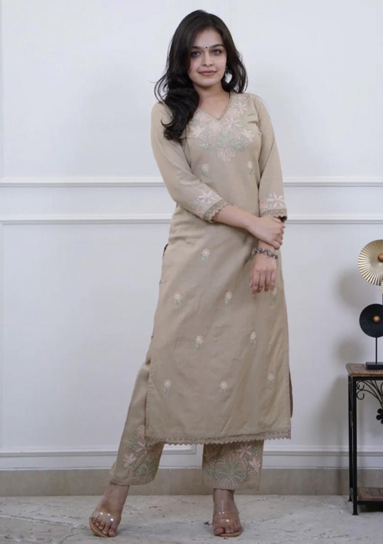 Beige Embroidered Cotton Kurta Set - Indya