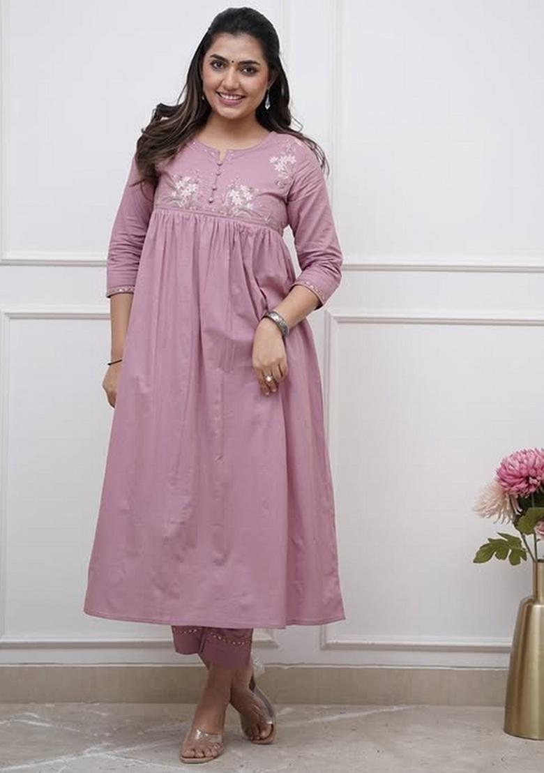 Lilac Embroidered Cotton Kurta Set - Indya