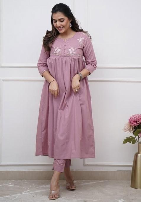 Lilac Embroidered Cotton Kurta Set