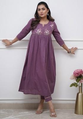 Purple Embroidered Cotton Kurta Set