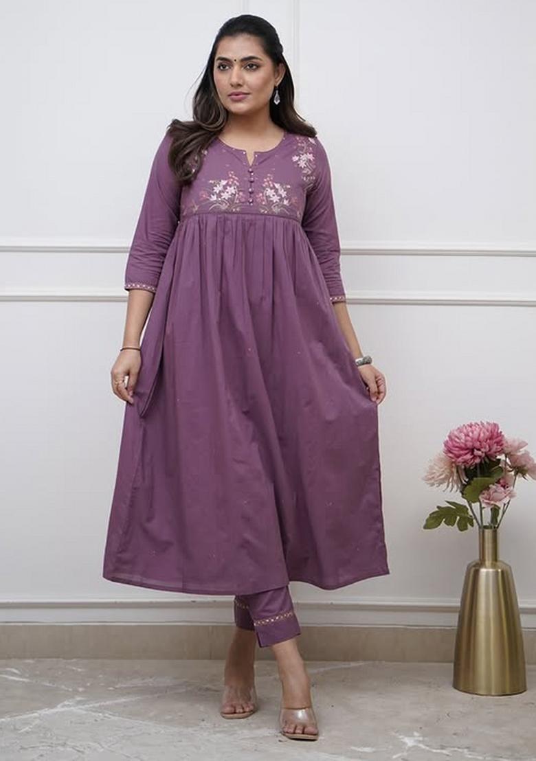 Purple Embroidered Cotton Kurta Set - Indya