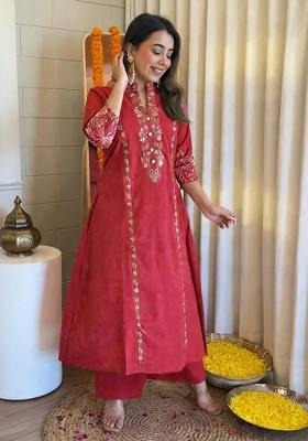 Pink Embroidered Cotton Kurta Set