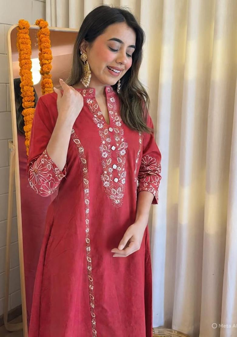 Pink Embroidered Cotton Kurta Set - Indya