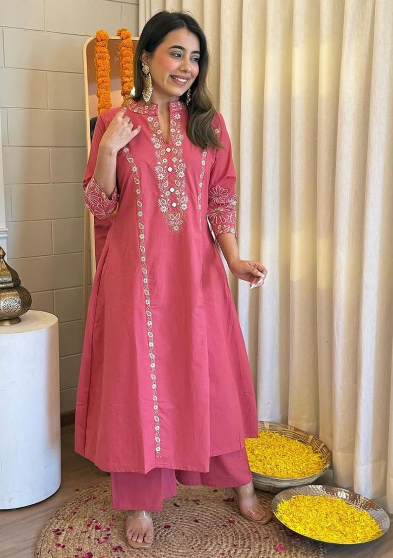 Red Embroidered Cotton Kurta Set - Indya