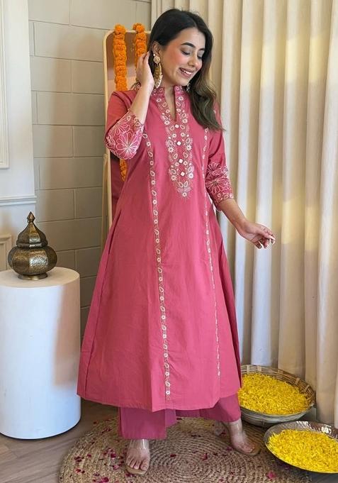 Red Embroidered Cotton Kurta Set