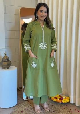 Green Embroidered Cotton Kurta Set