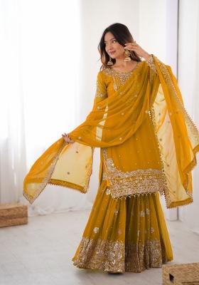 Yellow Embroidered Georgette Kurta Set