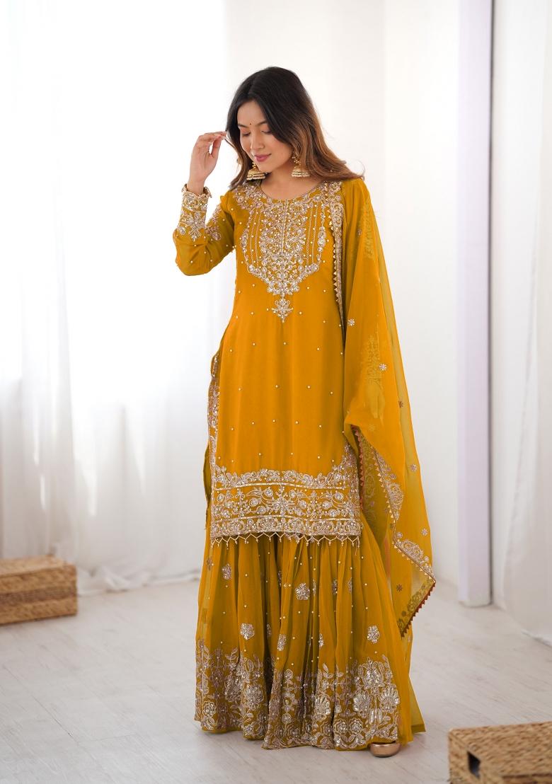 Yellow Embroidered Georgette Kurta Set - Indya