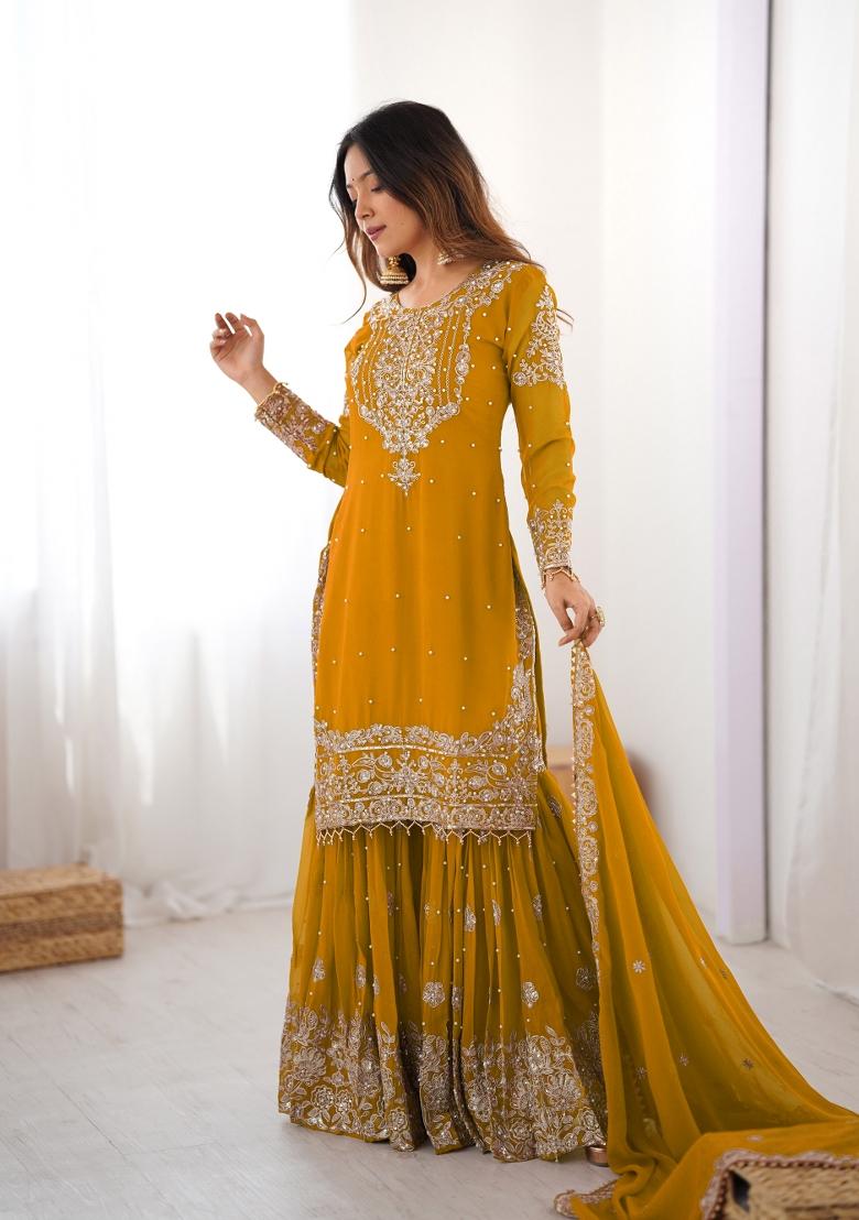 Yellow Embroidered Georgette Kurta Set - Indya