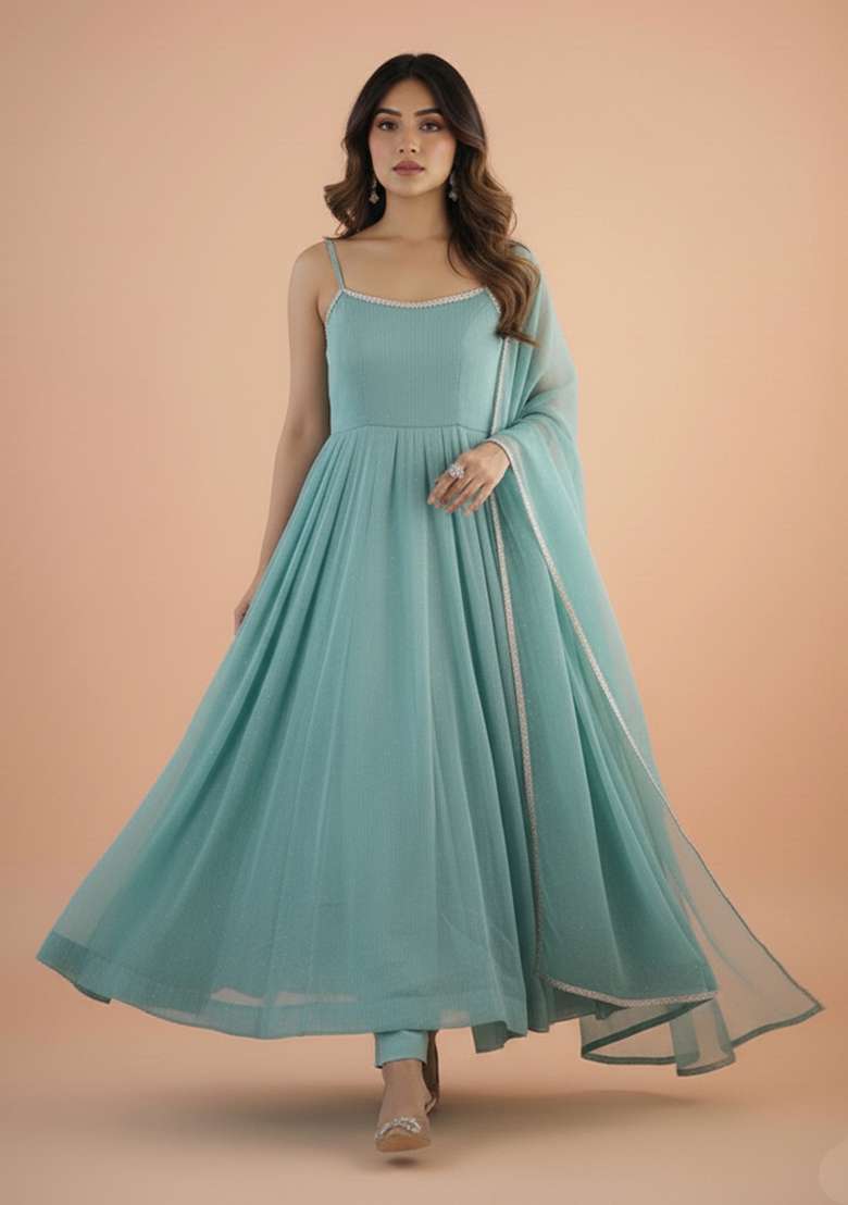 Sky Blue Embroidered Silk Blend Kurta Set - Indya