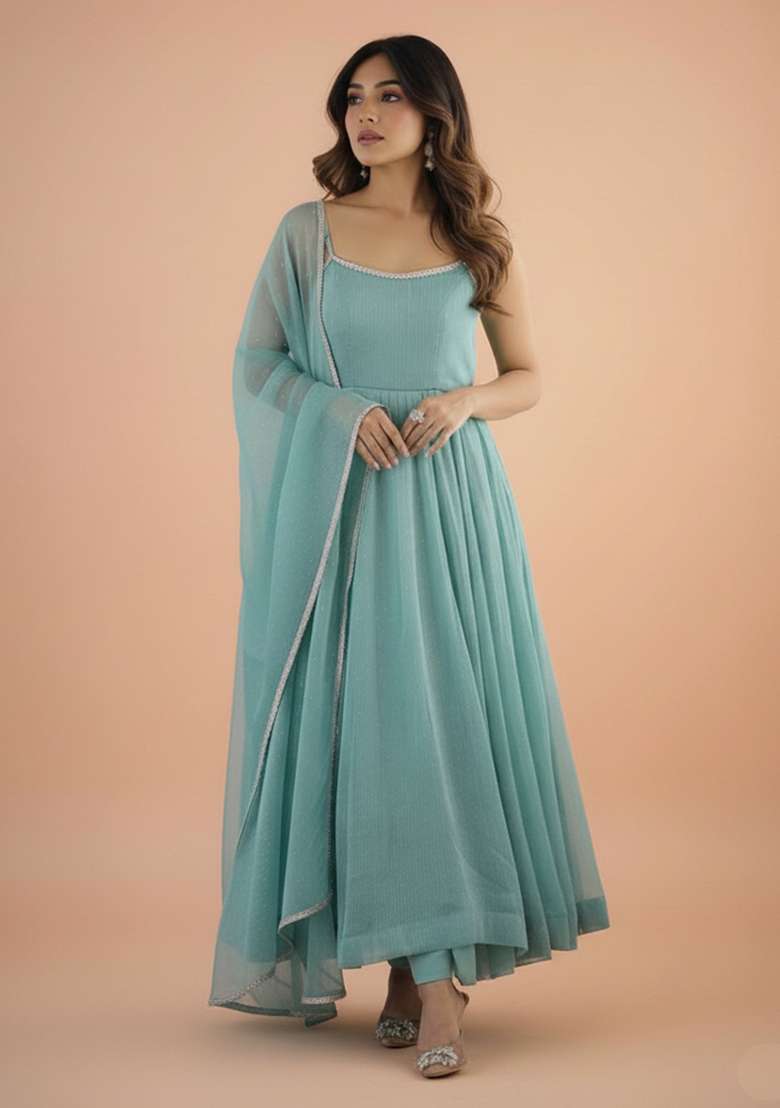 Sky Blue Embroidered Silk Blend Kurta Set - Indya