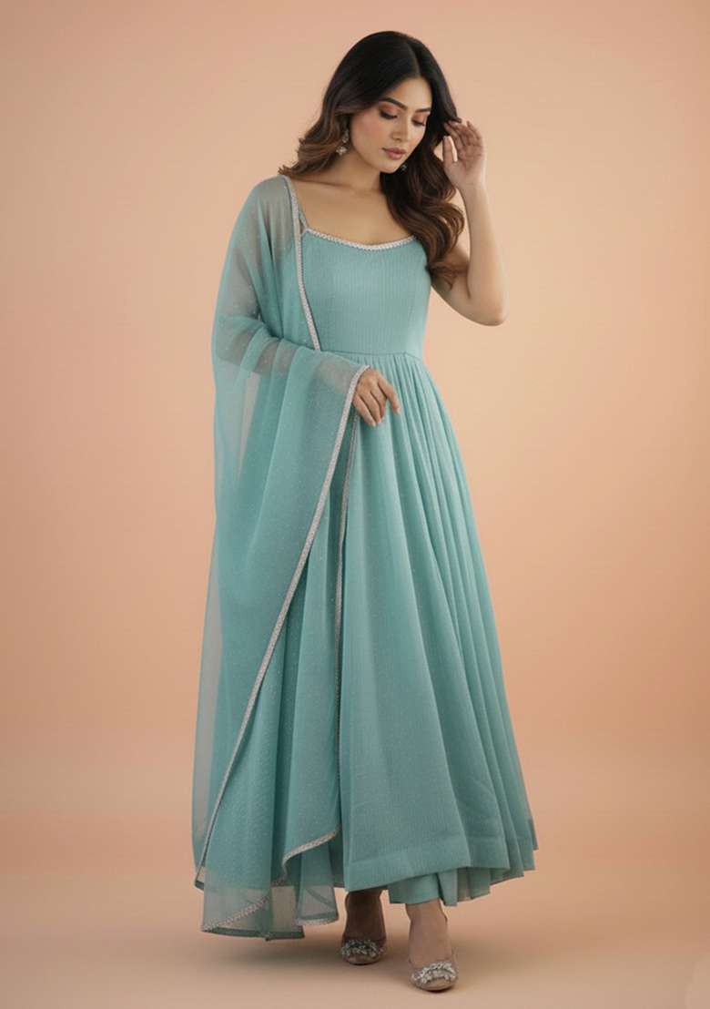 Sky Blue Embroidered Silk Blend Kurta Set - Indya