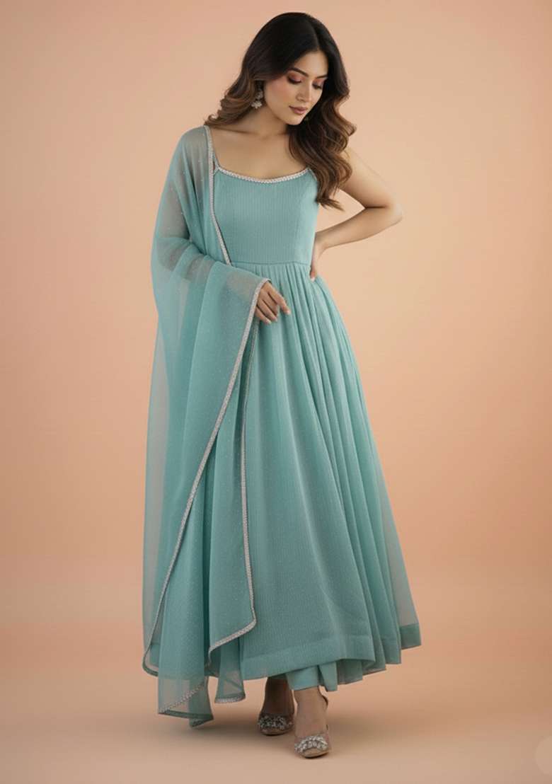 Sky Blue Embroidered Silk Blend Kurta Set - Indya