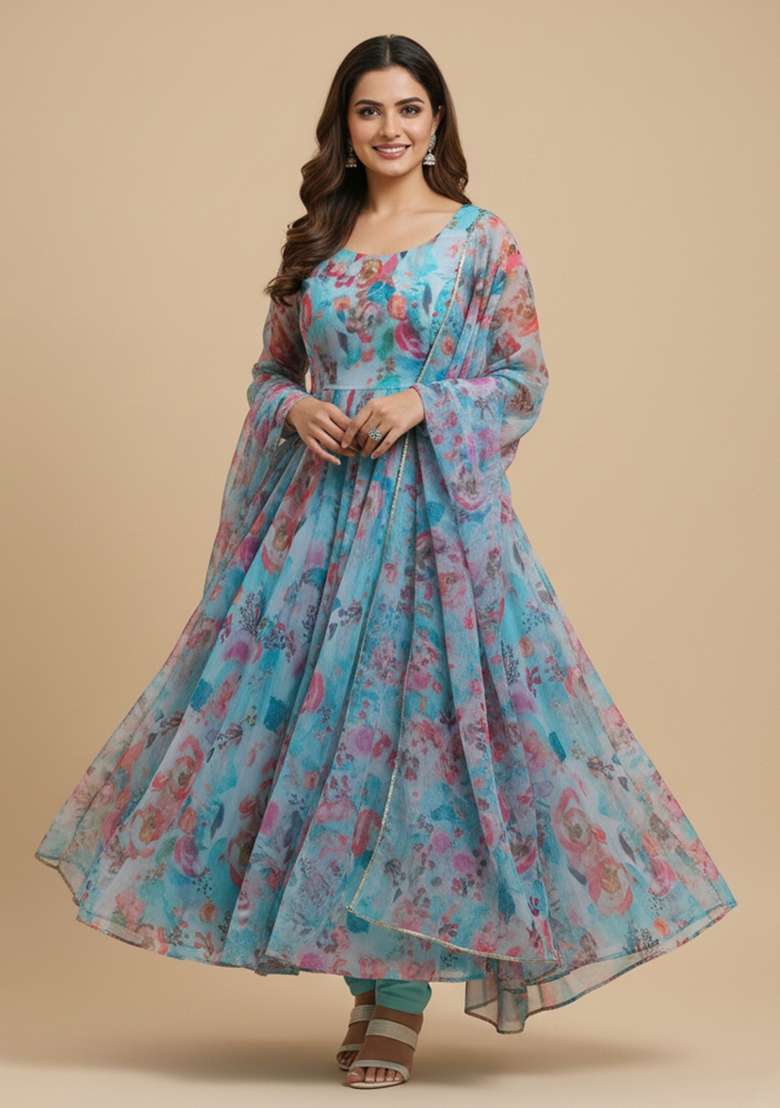 Multicolor Printed Silk Blend Kurta Set - Indya