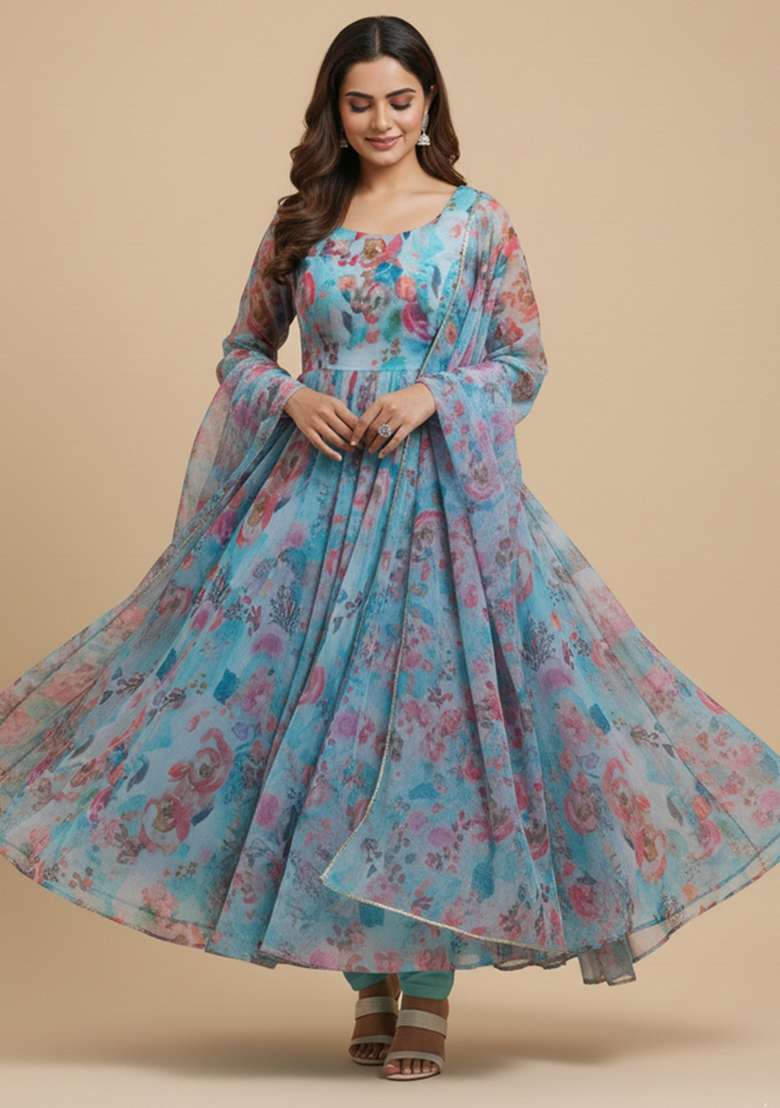 Multicolor Printed Silk Blend Kurta Set - Indya