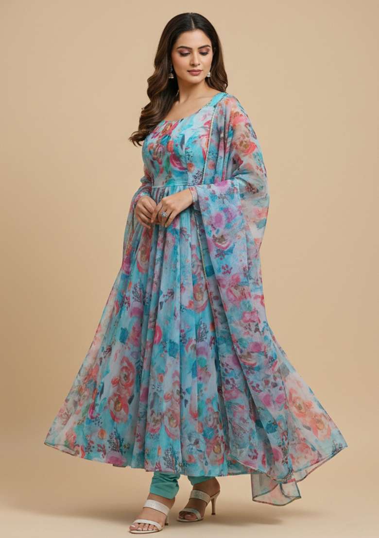 Multicolor Printed Silk Blend Kurta Set - Indya