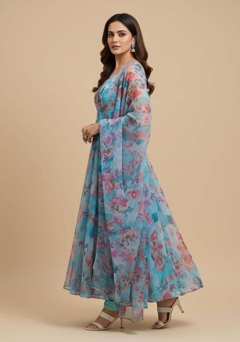 Multicolor Printed Silk Blend Kurta Set - Indya