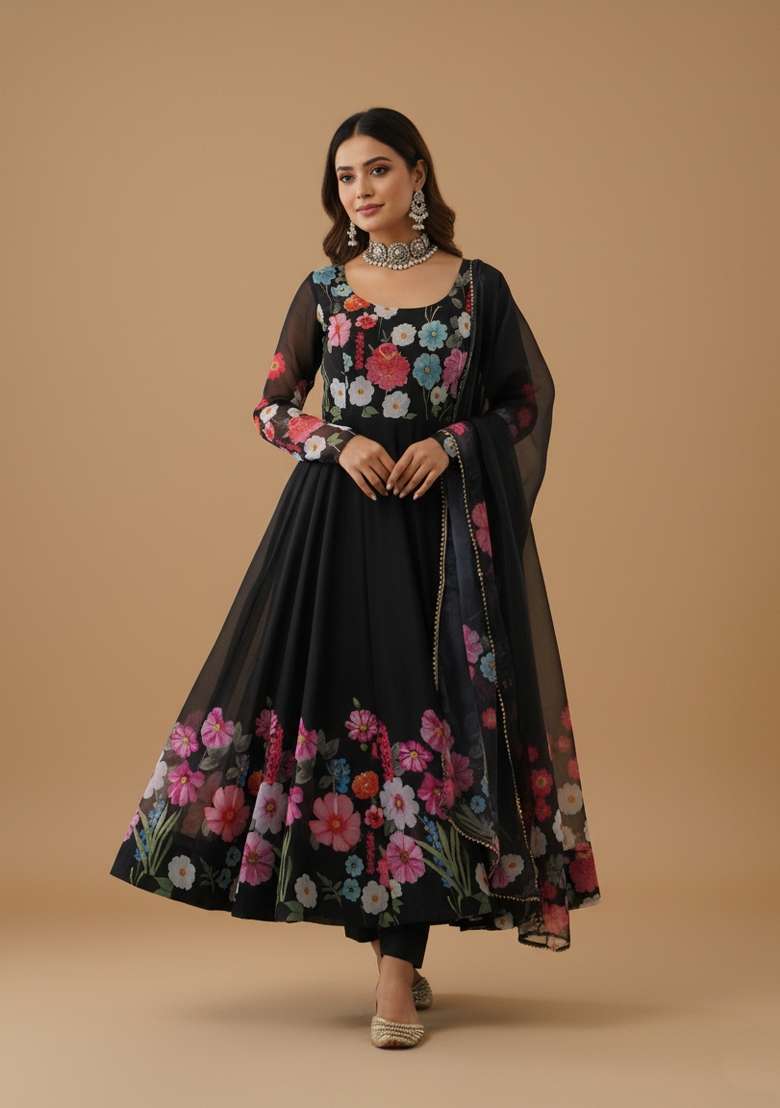 Black Printed Silk Blend Kurta Set - Indya