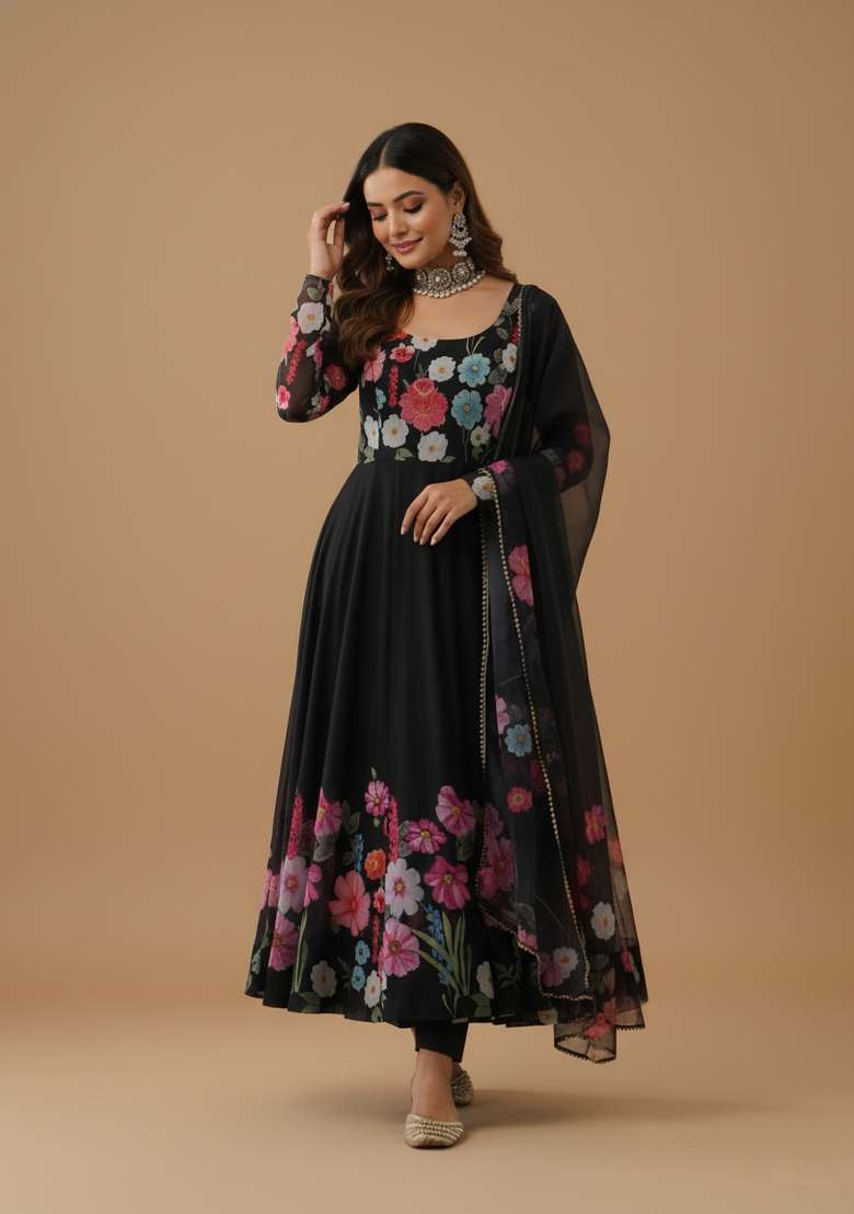 Black Printed Silk Blend Kurta Set - Indya