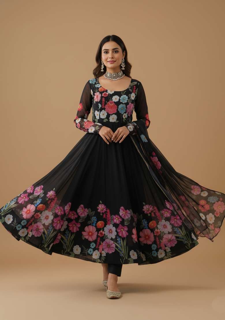 Black Printed Silk Blend Kurta Set - Indya