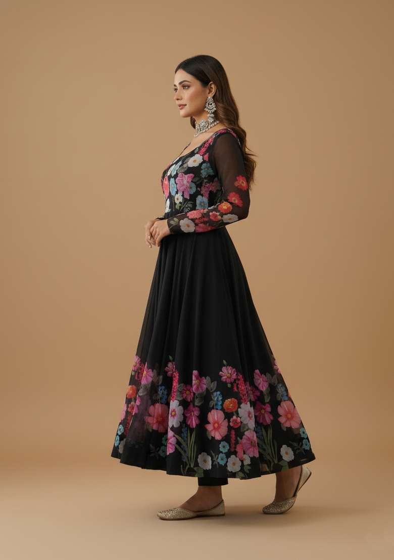 Black Printed Silk Blend Kurta Set - Indya