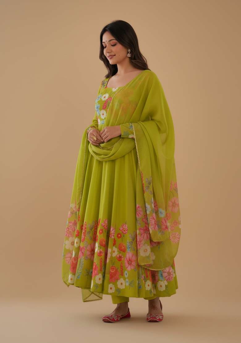 Lemon Printed Silk Blend Kurta Set - Indya