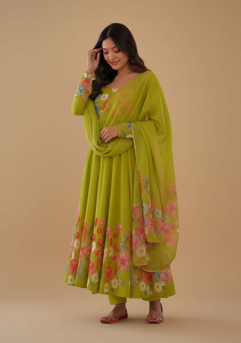 Lemon Printed Silk Blend Kurta Set - Indya