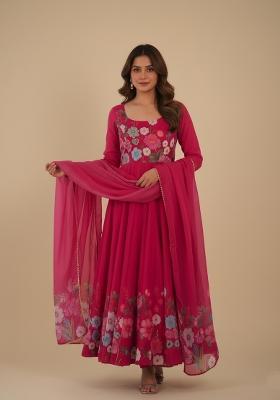 Rani Pink Printed Silk Kurta Set