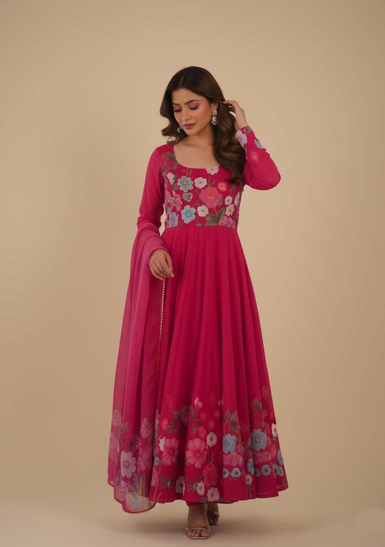 Rani Pink Printed Silk Blend Kurta Set - Indya