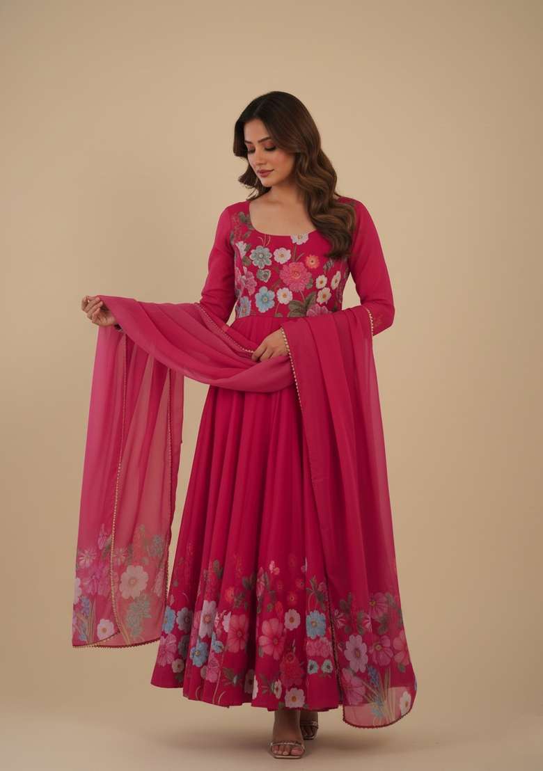 Rani Pink Printed Silk Blend Kurta Set - Indya