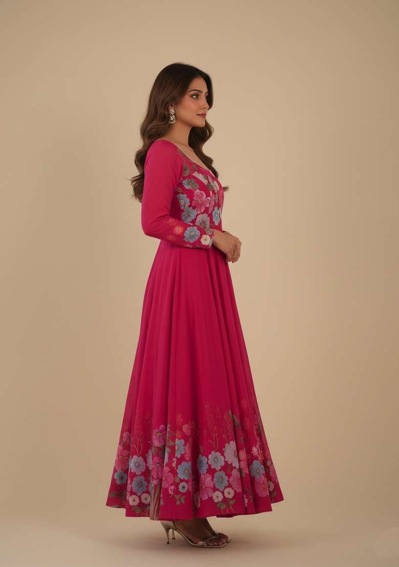 Rani Pink Printed Silk Blend Kurta Set - Indya