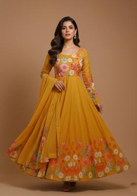 Mustard Printed Silk Kurta Set