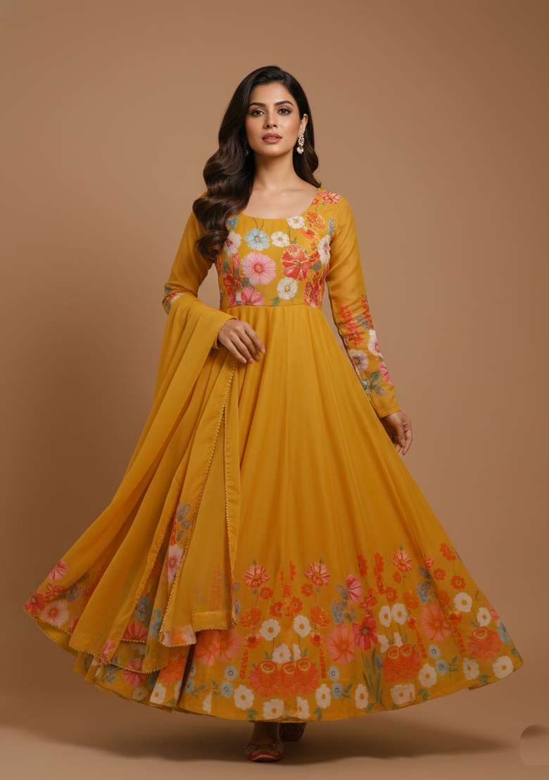 Mustard Printed Silk Blend Kurta Set - Indya